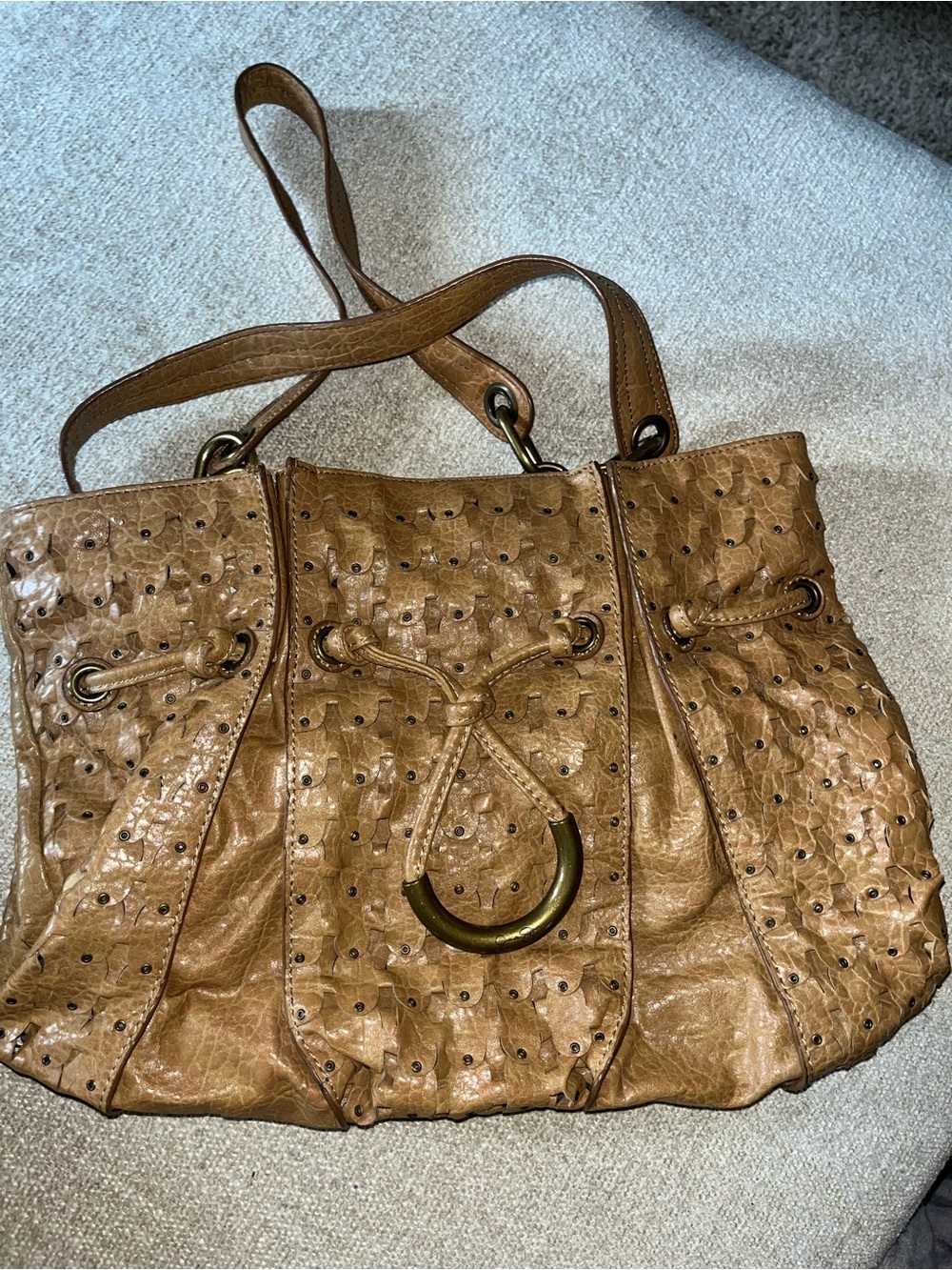 Jessica Simpson Tan Eyelet-Embellished Shoulder Tote with Ring Accent